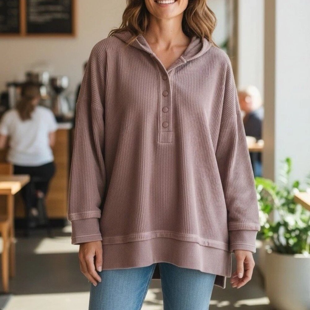 aerie Mauve Ribbed Hooded Pullover Sweatshirt